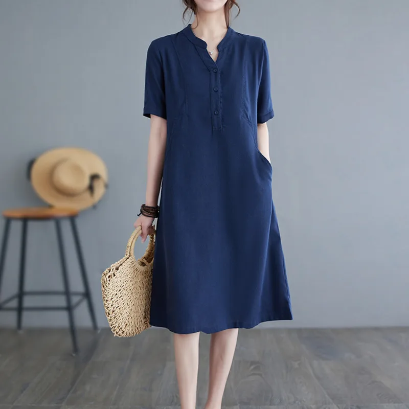 #6538 Summer Blue Pink Brown Vintage Dress V-neck Buttons Office A-line Dress Short Sleeve Cotton Linen Shirt Dress Pockets