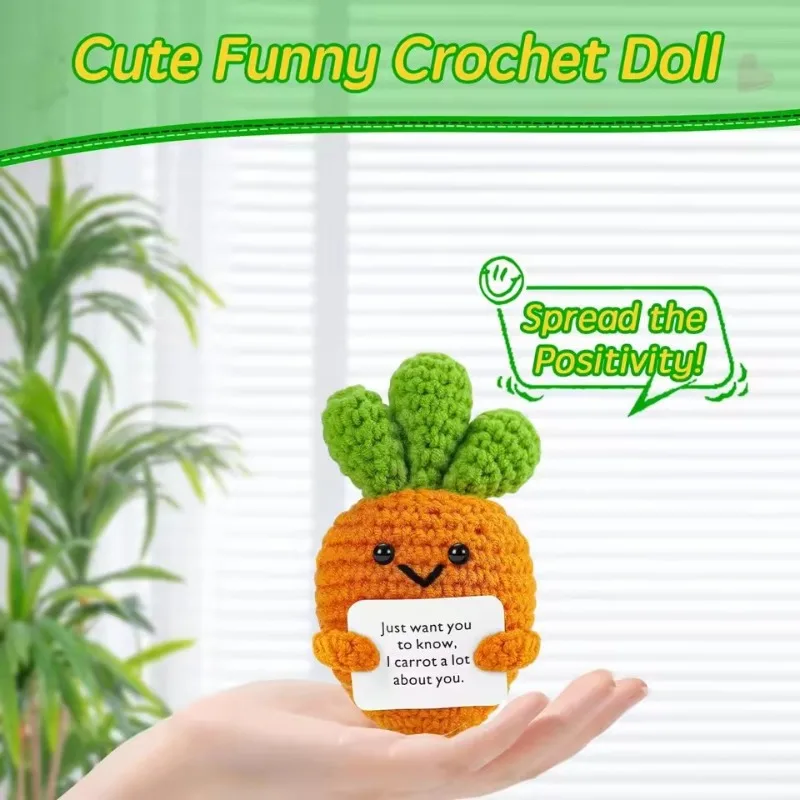 Affirmation Card & Positive Crochet Carrot Doll: Funny Handmade Plush Wool Ornament – Home Room Decoration Christmas Gift