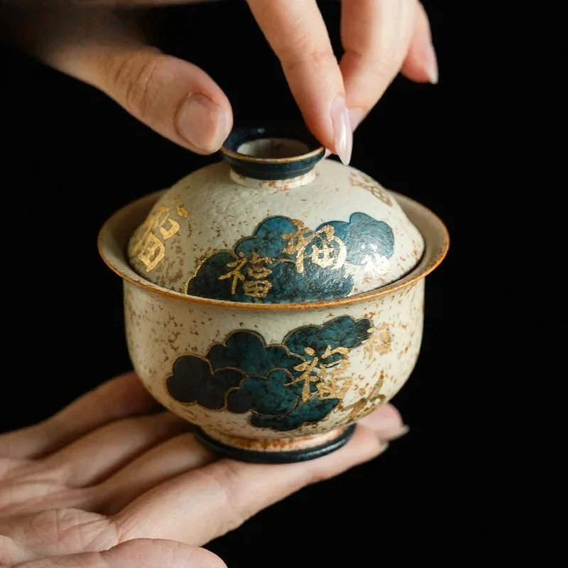 100ml Blue and White Flint Red Gaiwan Handmade Gold Drawing Auspicious Tea Clouds Tureen Tea Making Cover Bowl Cafes Decoration