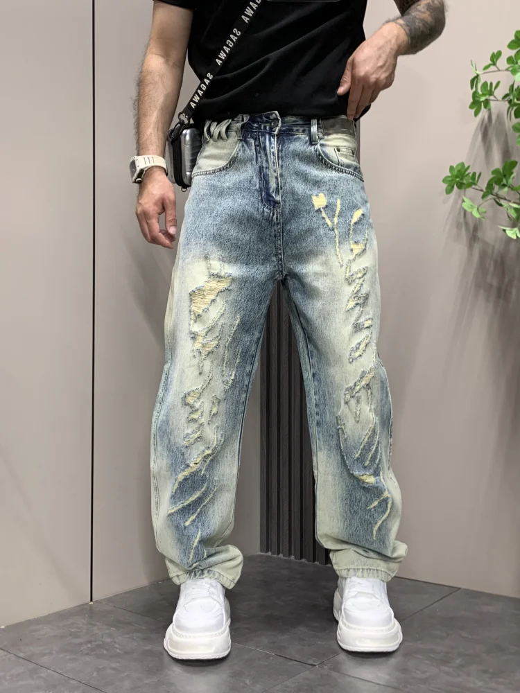 

Модные мужские джинсы в американском европейском стиле, новинка 2025 года, рваные прямые повседневные брюки с дырками, большие размеры, износостойкие