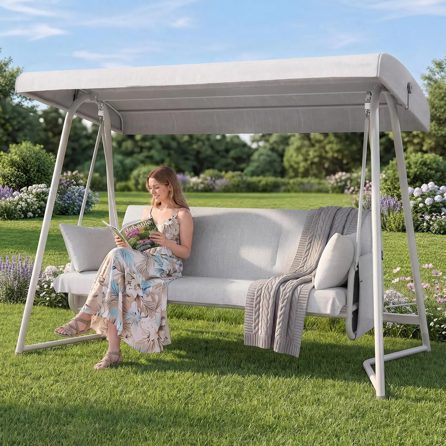 2-in-1 Convertible Swing Bed, Adjustable Backrest, 800 LBS Capacity Patio Swing, Removable Cushions for Backyard Garden