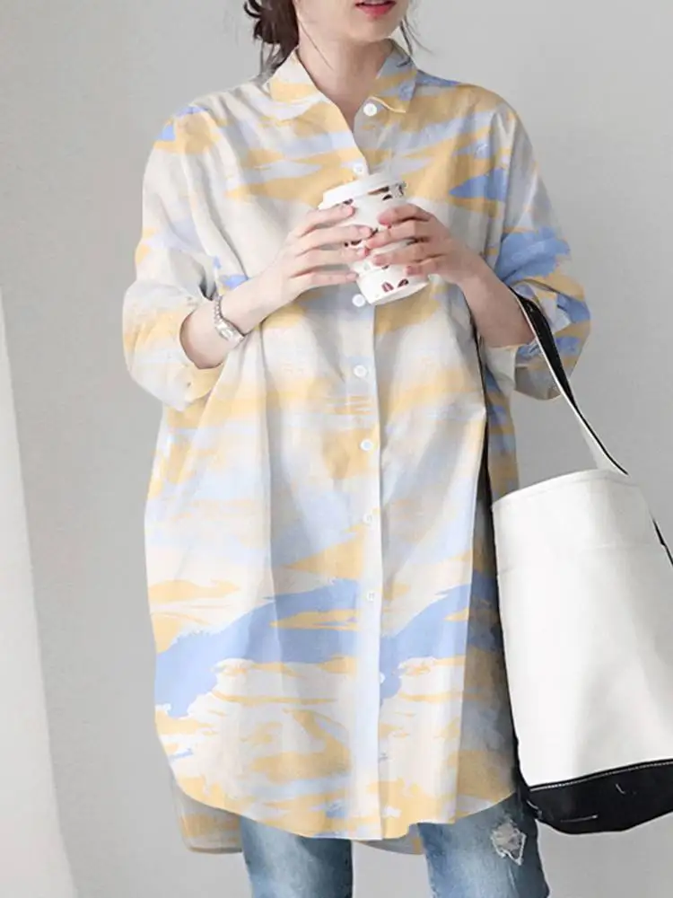 2024 Spring Printed Blouses Long Sleeve Lapel Blusas ZANZEA Stylish Women Shirts Casual Loose Chemise Irregular Tops Oversize