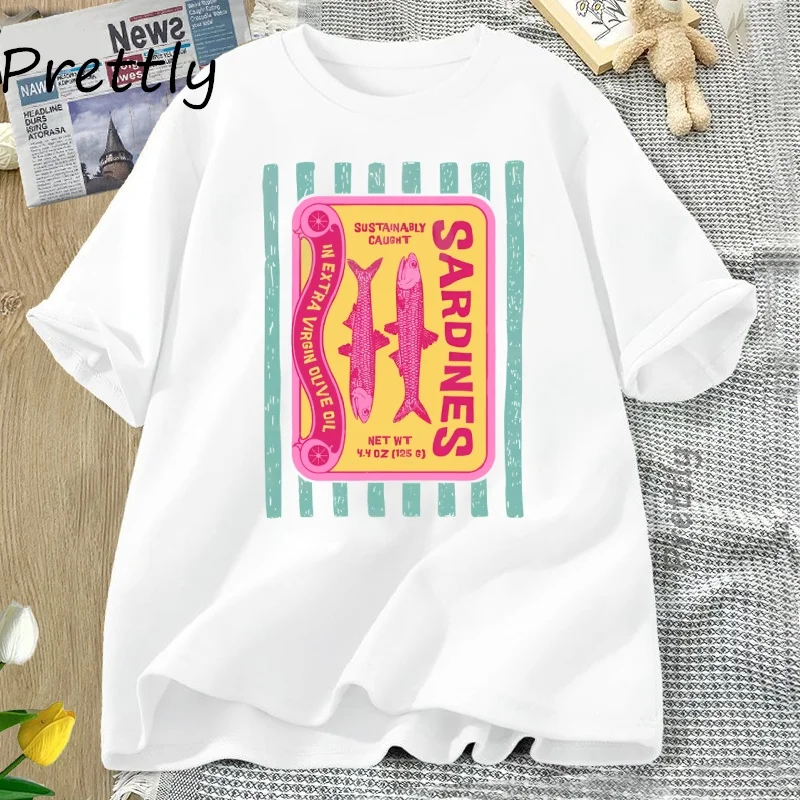 Camiseta gráfica de sardinas, camiseta Retro de comida, camiseta con estampado de pescado estañado, camiseta costera de verano, camiseta estética de pescador, ropa de mujer
