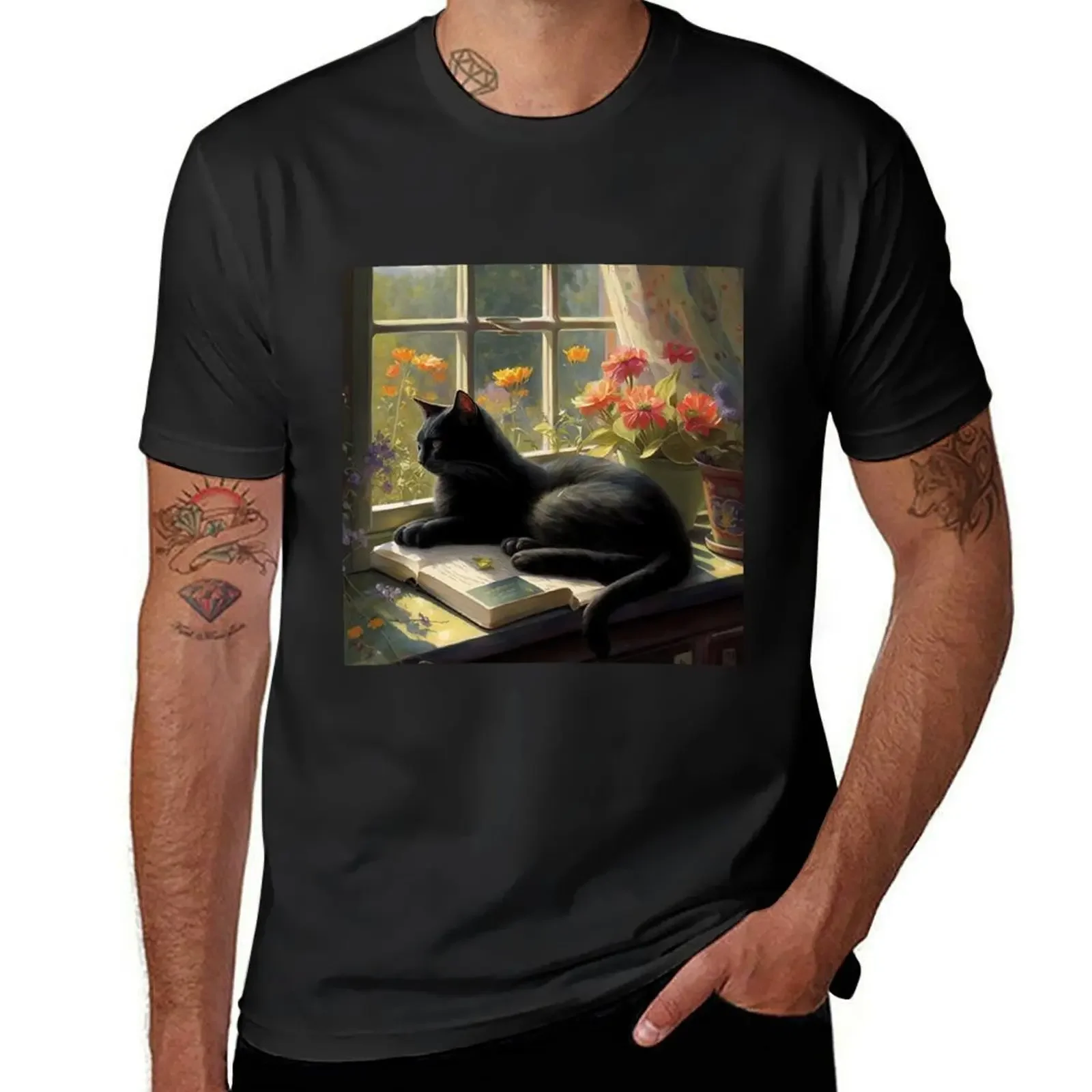 Black cat enjoying a sunny window T-Shirt hippie clothes graphics blue archive men graphic t shirts