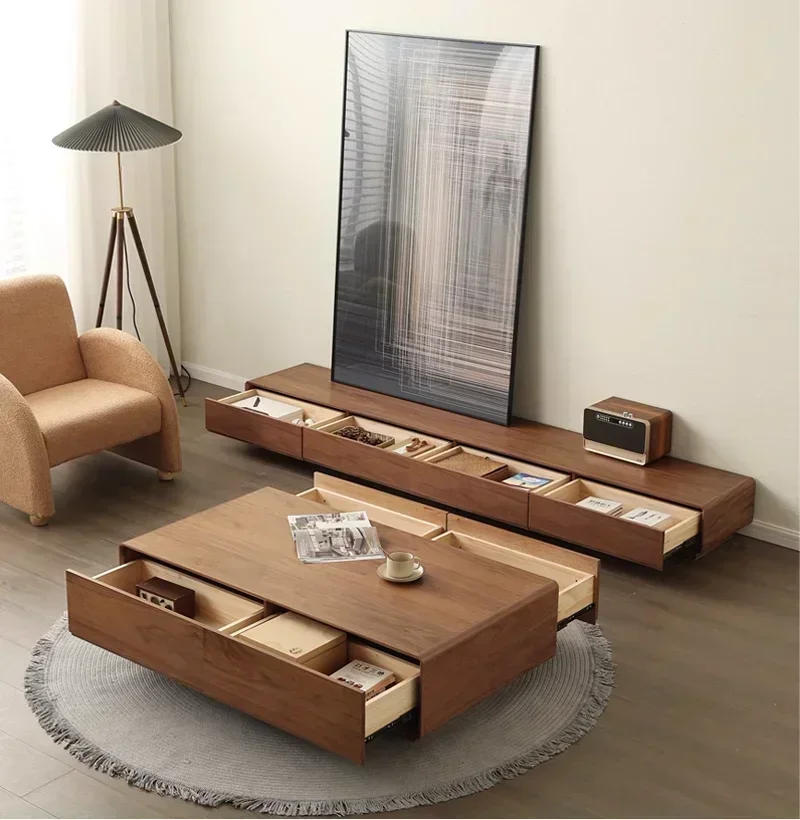 Nordric Walnut Color Solid Wood Multilayer Modern Coffee Table For Living Room Creative Storage