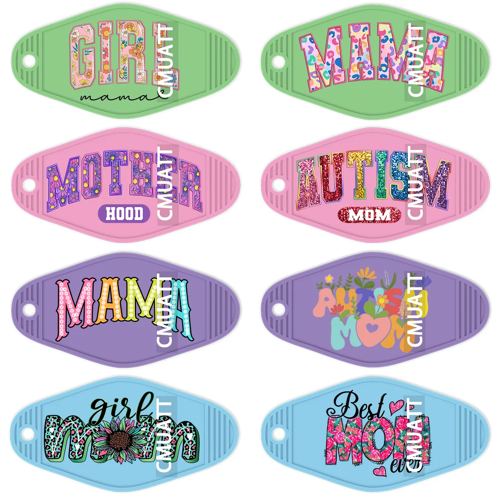 8PCS Motel Keychain UV DTF Sticker Custom Lable Autism Mom Mother Hood With Beautiful Flower