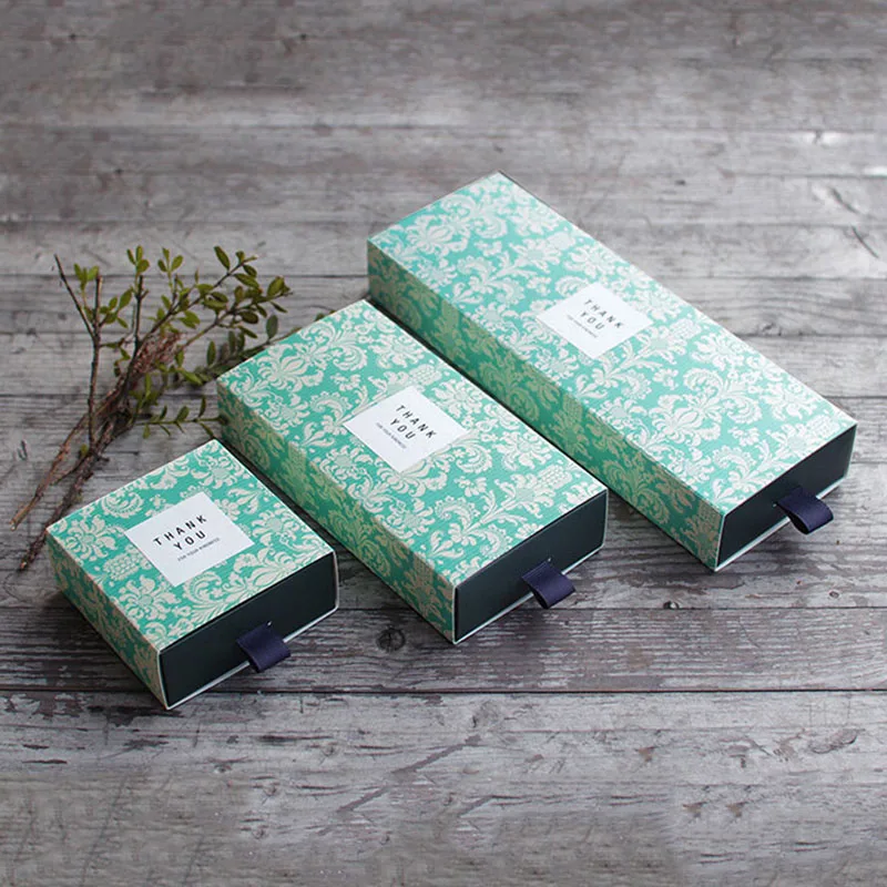 

20pcs Small Green/Yellow Retro Pattern Kraft Paper Gift Box Handmade Soap Packaging Drawer Thank You Present Boxes With Ribbons