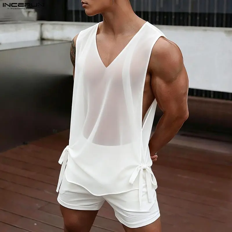 INCERUN Herren Tanktops Einfarbig Mesh Durchsichtig V-Ausschnitt Ärmellos Herrenbekleidung Streetwear Sexy Party Schnürung Split-Tops Westen