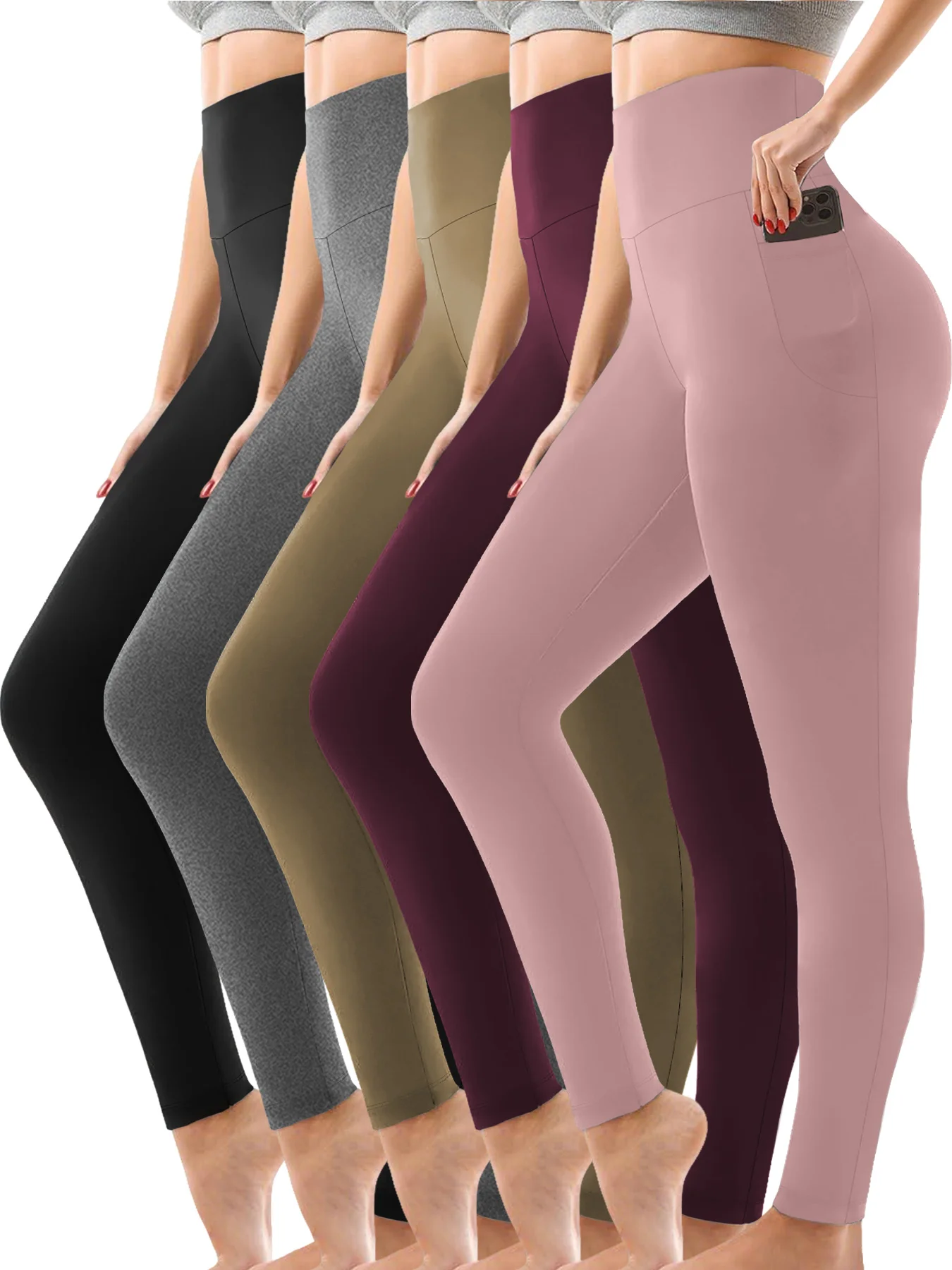 5 pacotes de leggings femininas super macias com bolsos, cintura alta, controle de barriga para ioga, treino, corrida, casa, roupa casual