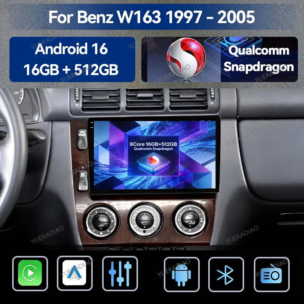 Android 16 Car Radio For Mercedes Benz M-Class W163 ML 1997 - 2005 Qualcomm 5G WIFI GPS Wireless Carplay Auto DSP Multimedia BT