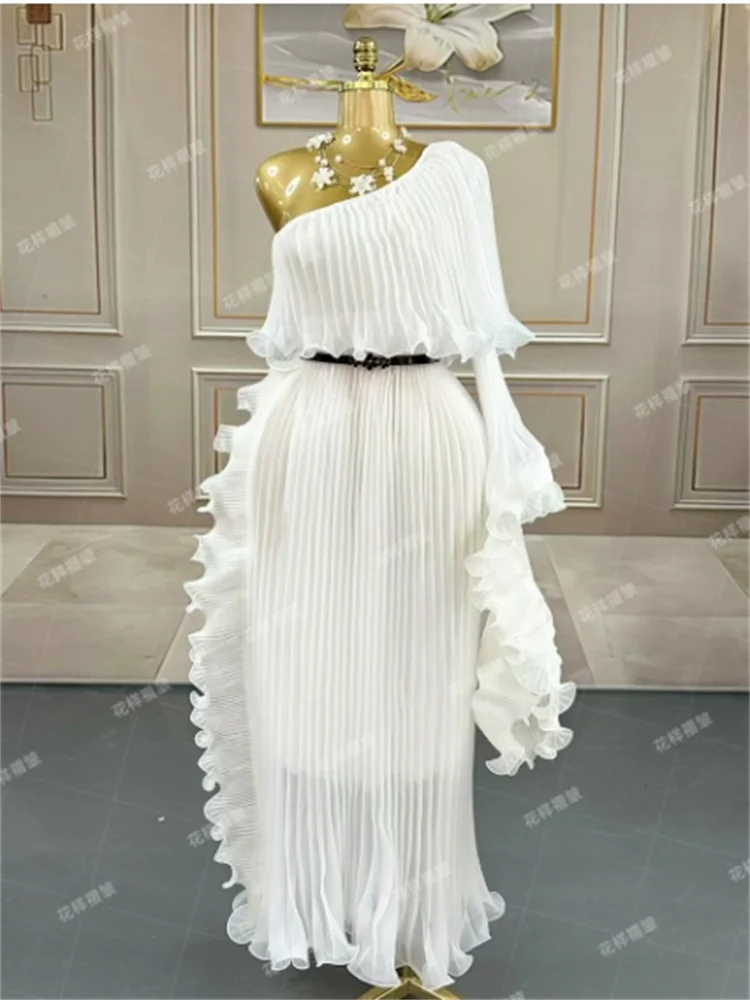 Miyake Fashion Design Dress Slanted Shoulder Solid Color Loose Women's Clothing Medium Length Elegant Dresses 2025 Summer New