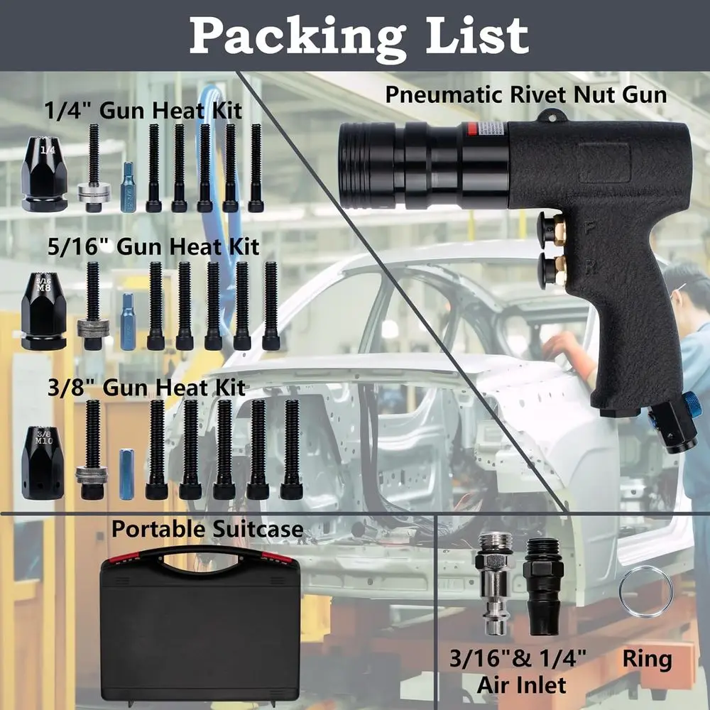 Pneumatic Rivet Gun Kit with 1/4, 5/16, 3/8 Mandrels, Includes 1/4 & 3/8 Air Inlet Fittings