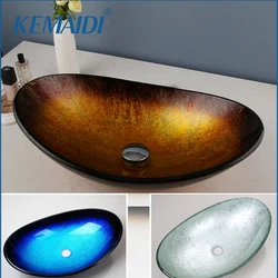 KEMAIDI Tempered Glass Bathroom Basin Sink Deck Mounted Bathroom Sinks witout Faucet Mixer Washbasin With Overflew Pop Drain