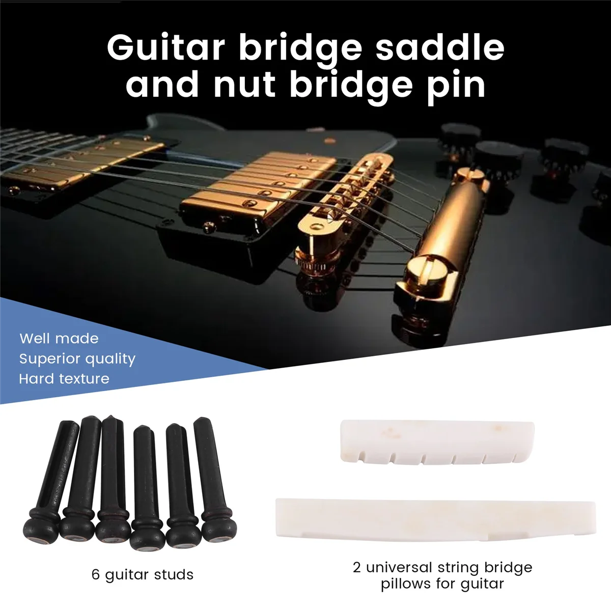 6 String Acoustic Guitar Bone Bridge Saddle and Nut and 6pcs Ebony Guitar Bridge Pins White+Black image 4