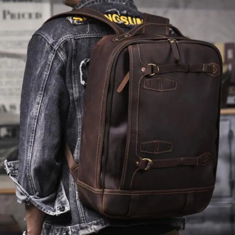 weekend travel crazy horse cowhide men's backpacks casual vintage high-quality genuine leather large-capacity computer bagpack