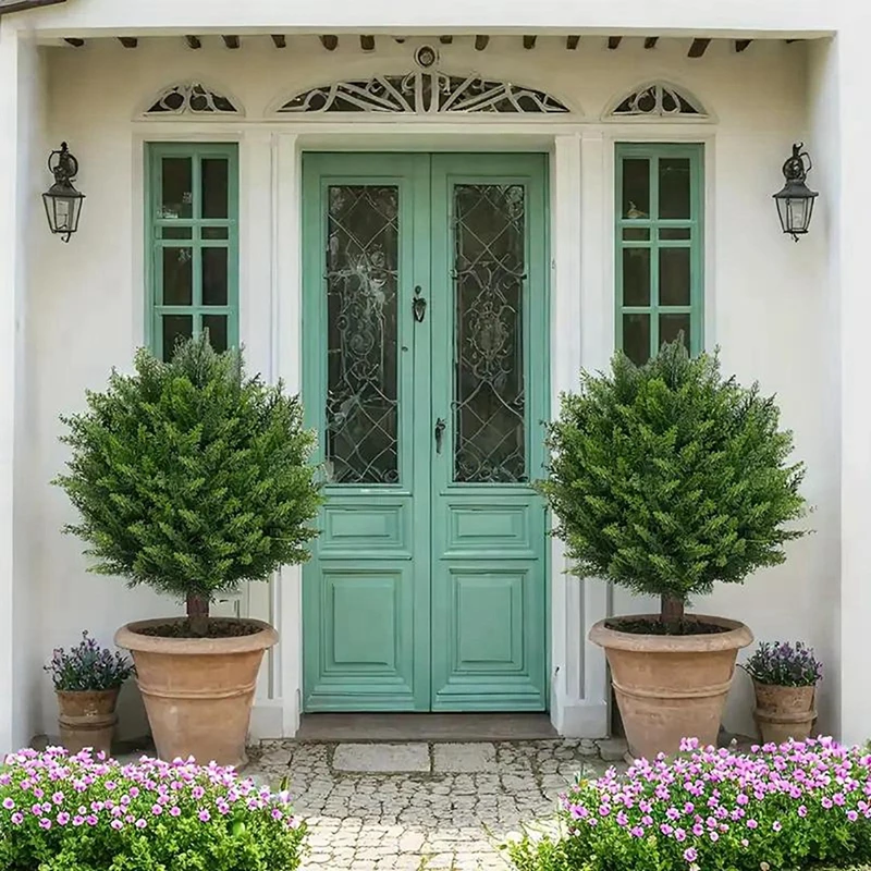 

2PCS Outdoor Artificial Topiary Ball Trees UV Resistant Faux Bushes Potted Plants Door Porch Decoration Artificial Ball Trees