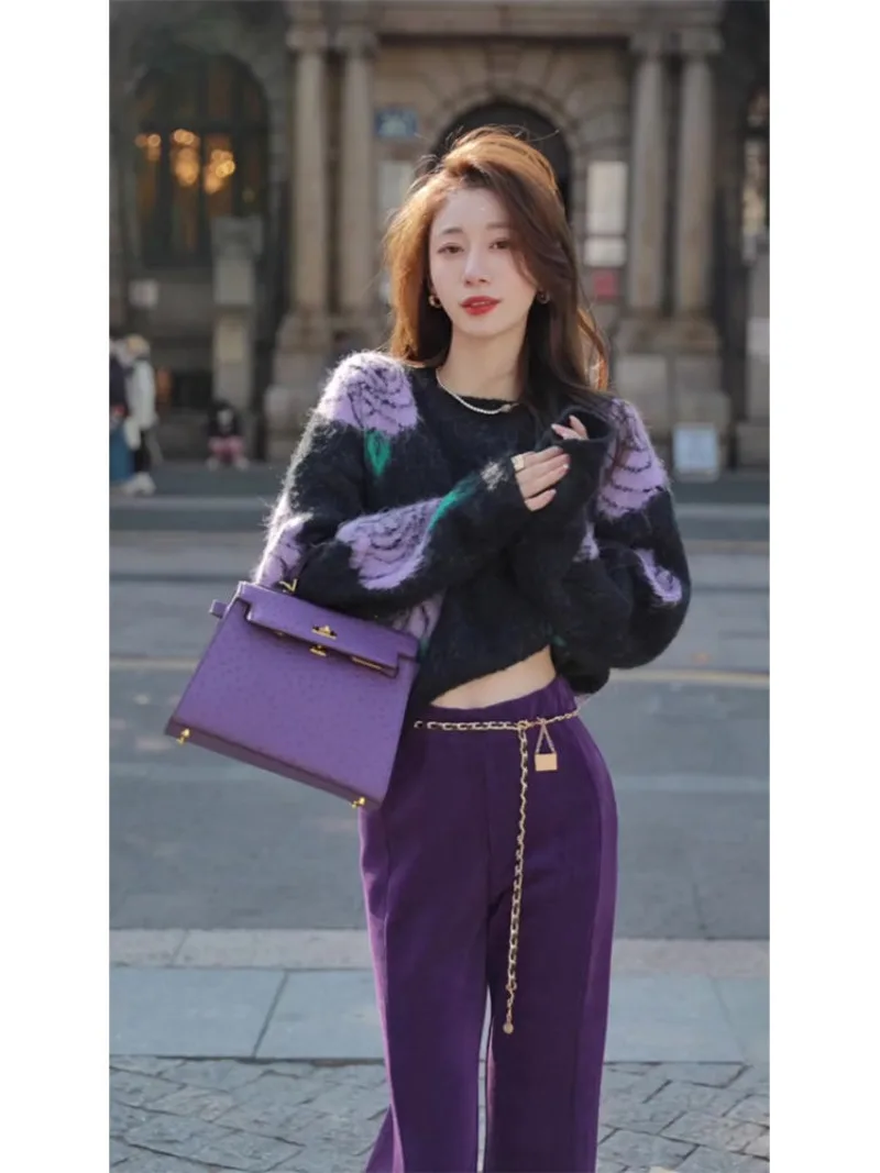 Sweater Winter High Grade Temperament Knitwear Pullover Women Small Fragrant Purple Sweater O Neck Long Sleeve Sweater Female