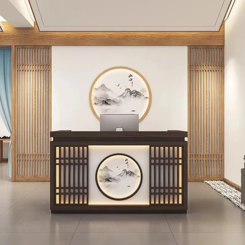 مكاتب استقبال خشبية رخيصة الثمن فاخرة وحديثة باللون البني أفضل مكاتب استقبال بأدراج حديثة طويلة وأثاث استقبال كلاسيكي Mostrador #4