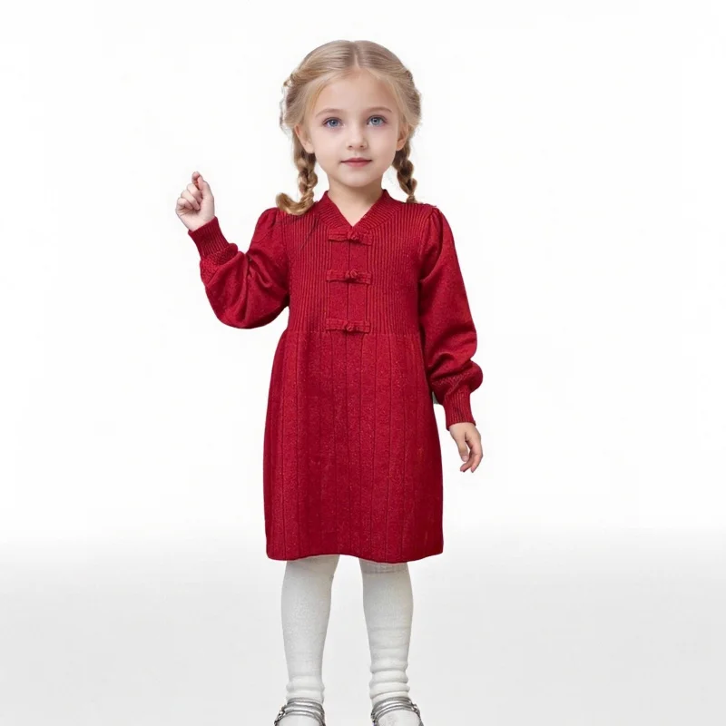 

Модное платье для девочек, детская трикотажная юбка, новый китайский стиль, национальный тренд, красная новогодняя одежда, праздничный наряд