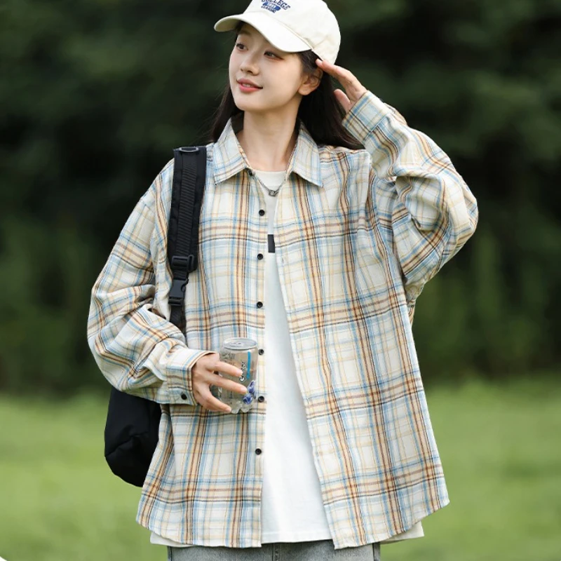 

Yellow Plaid Blouses for Women Korean Fashion Long Sleeve Check Shirt Ladies 2025 Autumn New Casual Loose Single-breasted Shirts