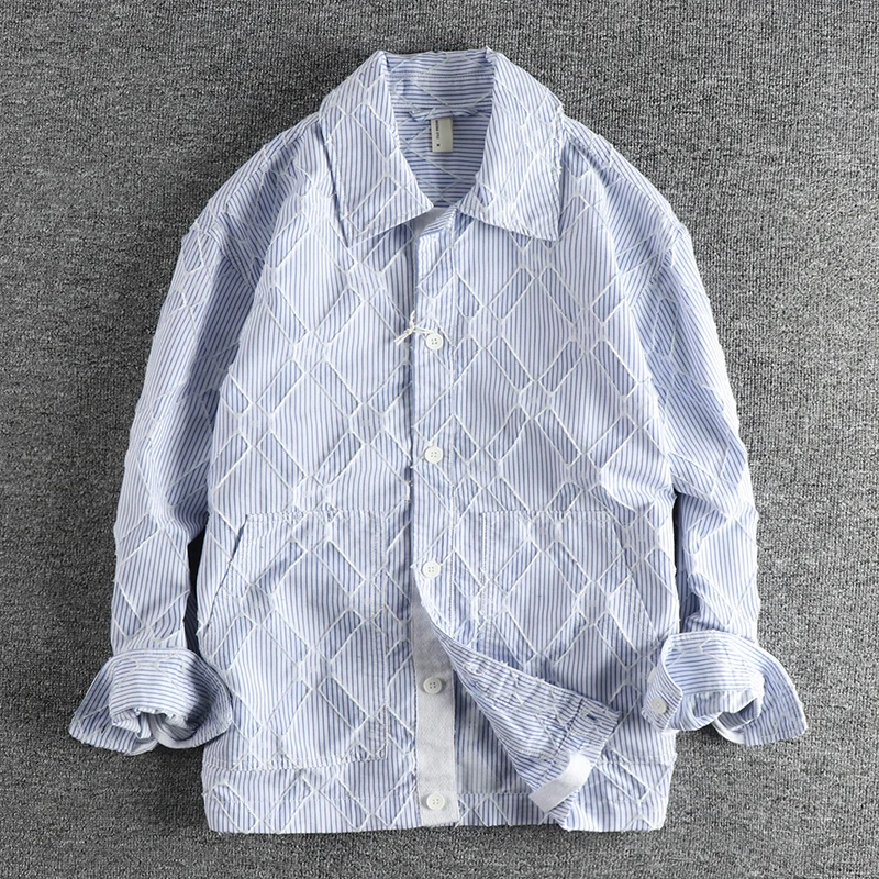 

2026 Spring New Japanese Retro Long Sleeve Lapel Textured Fabric Striped Shirt Men's Simple Niche Design Sense Casual Blouses