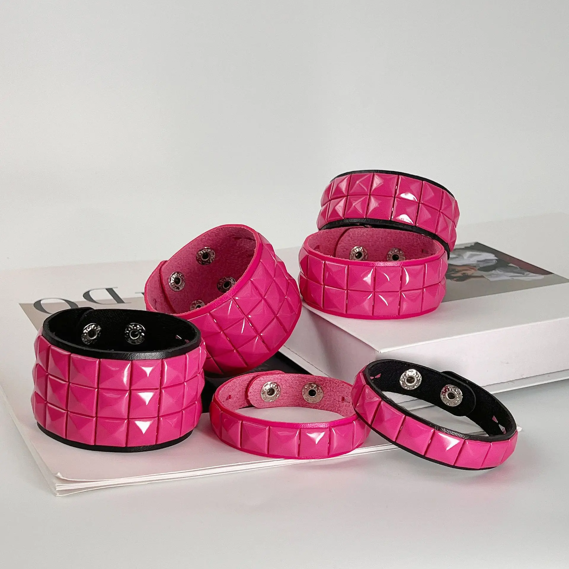Punk Pyramid Stud Leather Bracelet Adjustable Hot Pink Wide Cuff Bracelets for Women Gothic Fashion Wristband Hand Jewelry Gift
