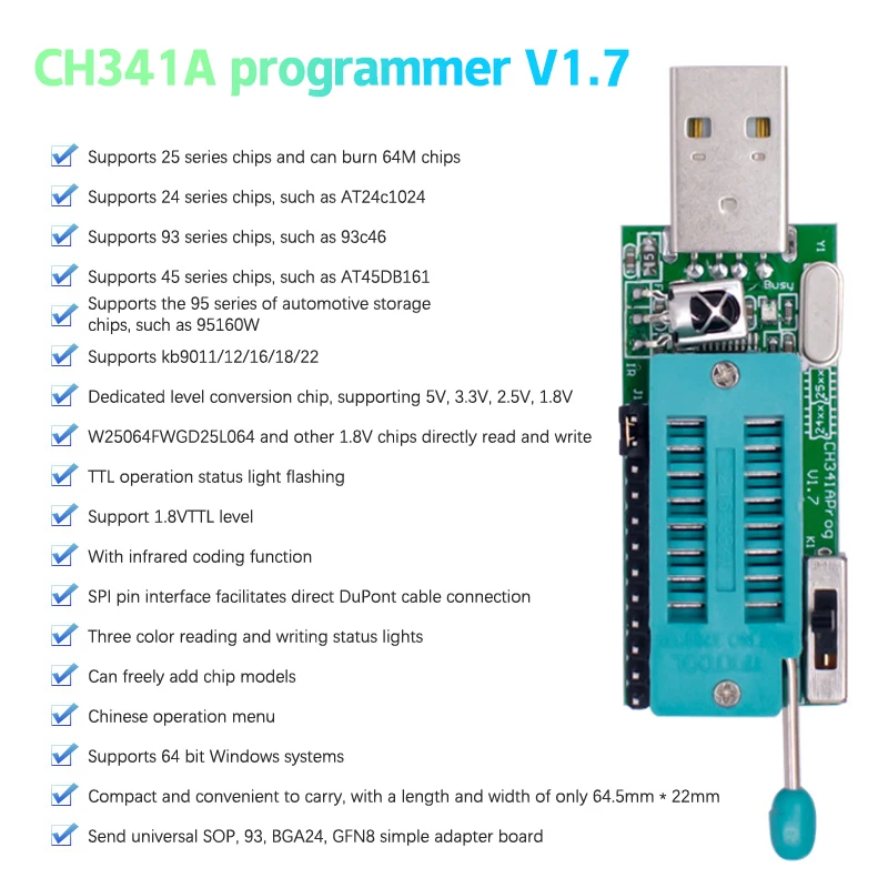 CH341A Programmer V1.7 1.8V Level Shift W25Q64FW W25Q128FW Gd25LQ64 Programmer Module W/Adapter Board