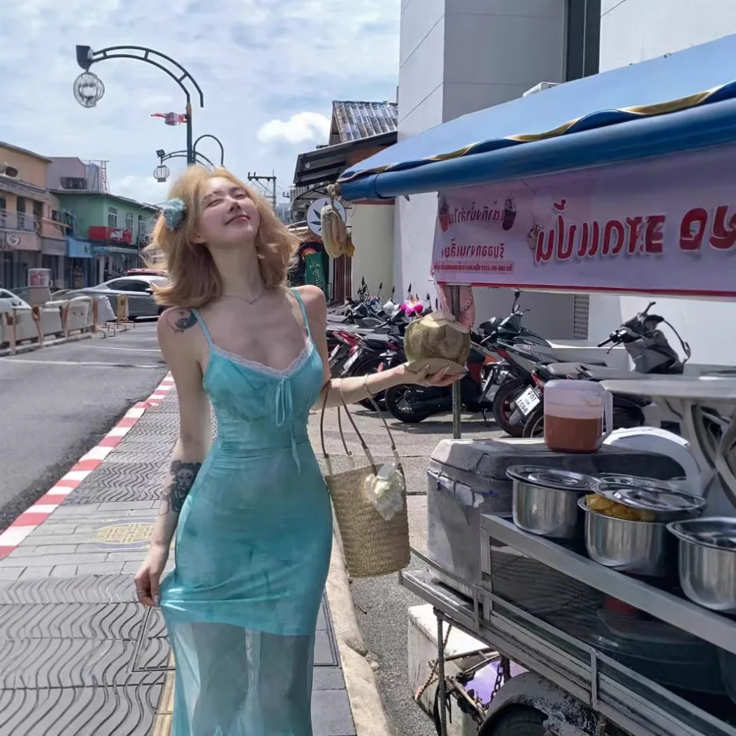 "Zeyla 2025 ฤดูร้อนผู้หญิงชุดลูกไม้ Trim Strappy เอว Tie Mermaid Tulle ชุดวันหยุดใหม่ Slim Bodycon Beach วันที่ชุดยาว"