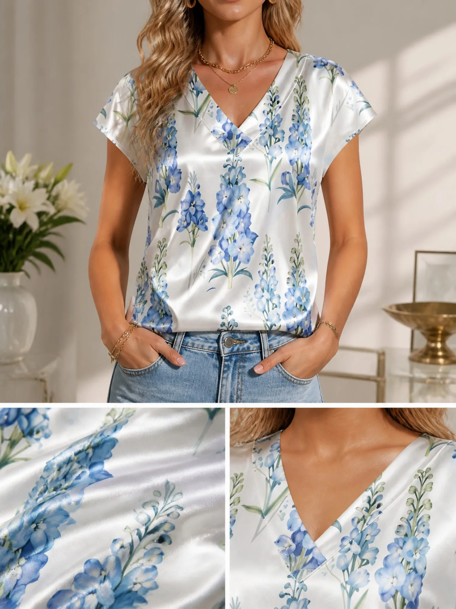 Floral Satin V Neck Top for Women Cap Sleeve Flowy Draped Fit Silky Soft Resort Weekend Wear Lightweight Breathable Refined Easy