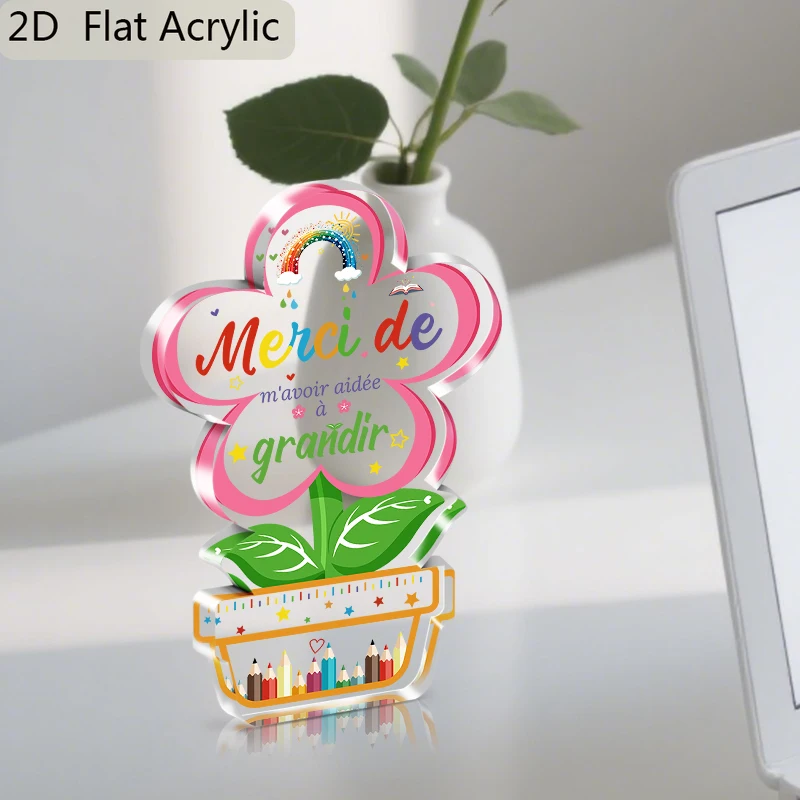 2D Flat, 1pc French Merci De Teacher Appreciation Gift, Thank You for Helping Me Grow Colorful Flower Acrylic Ornament