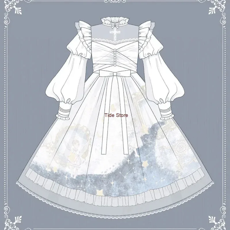 

[Picking Stars] Autumn/winter Dress Op Long Sleeve Lace Fairy Girls' Lolita Skirt White Lolita Dresses Court Style