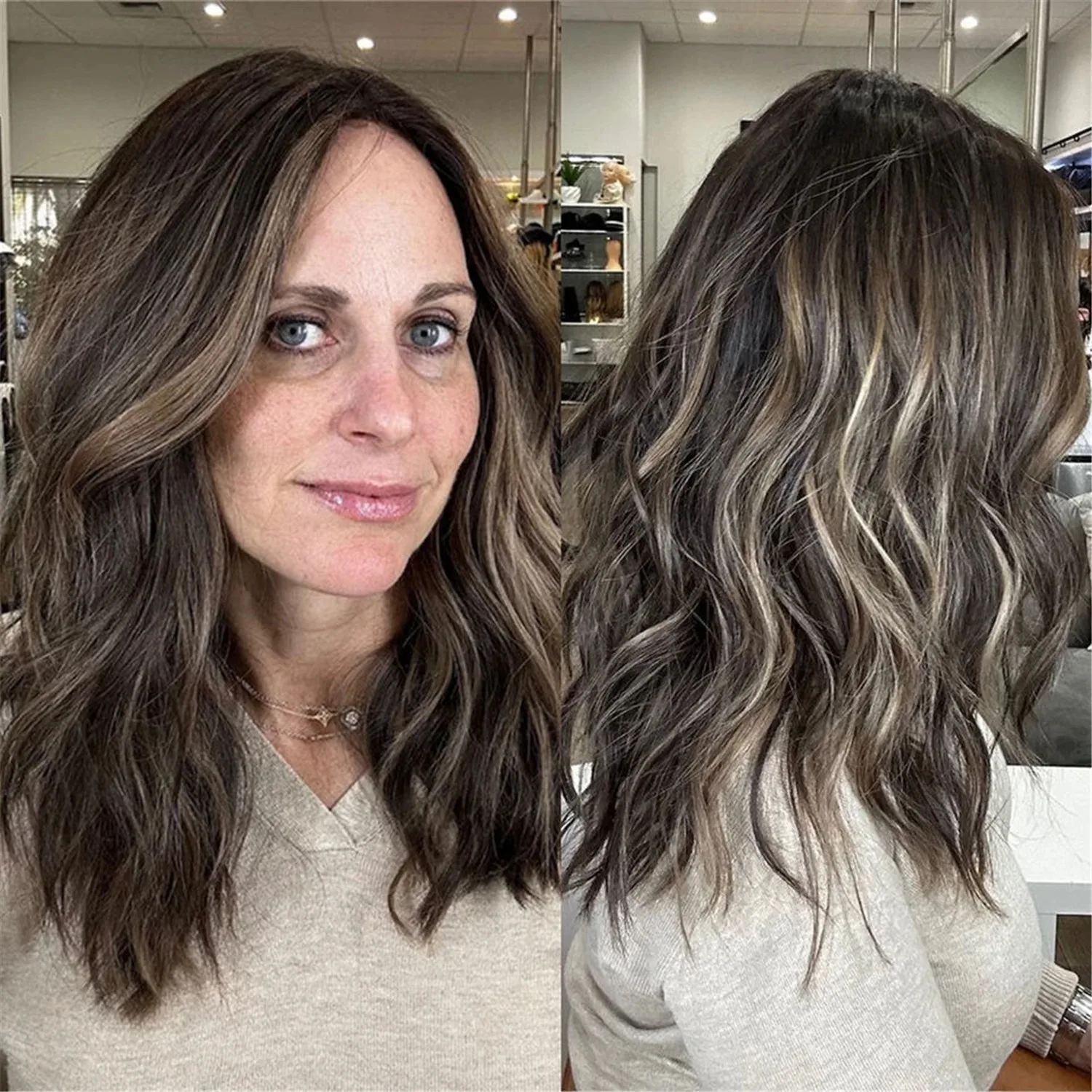 

Женский парик темного цвета с блондинистыми прядями, без клея, из синтетических волос, с небрежной волной, длиной до плеч, модель Futura, подарок для нее, 16 дюймов