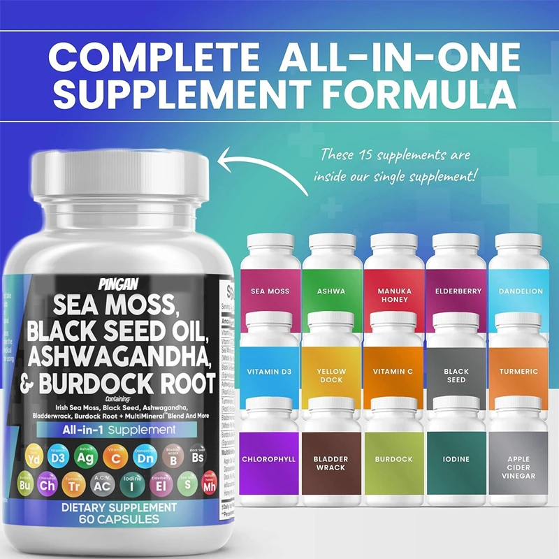 

SeaMoss BlackSeed OilSouthAfrican Drunken Eggplant Turmeric Vitamin C D3 Containing Elderberry Iodine Chlorophyll ACV60 Capsules