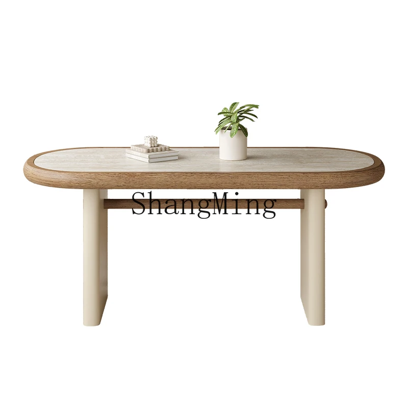 

ZYY retro solid wood rectangular travertine rock slab dining table and chair combination medieval living room home dining table