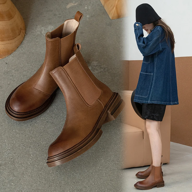2026 new autumn winter women ankle boots natural leather 22-25cm split leather+microfiber/plush round toe  women chelsea boots