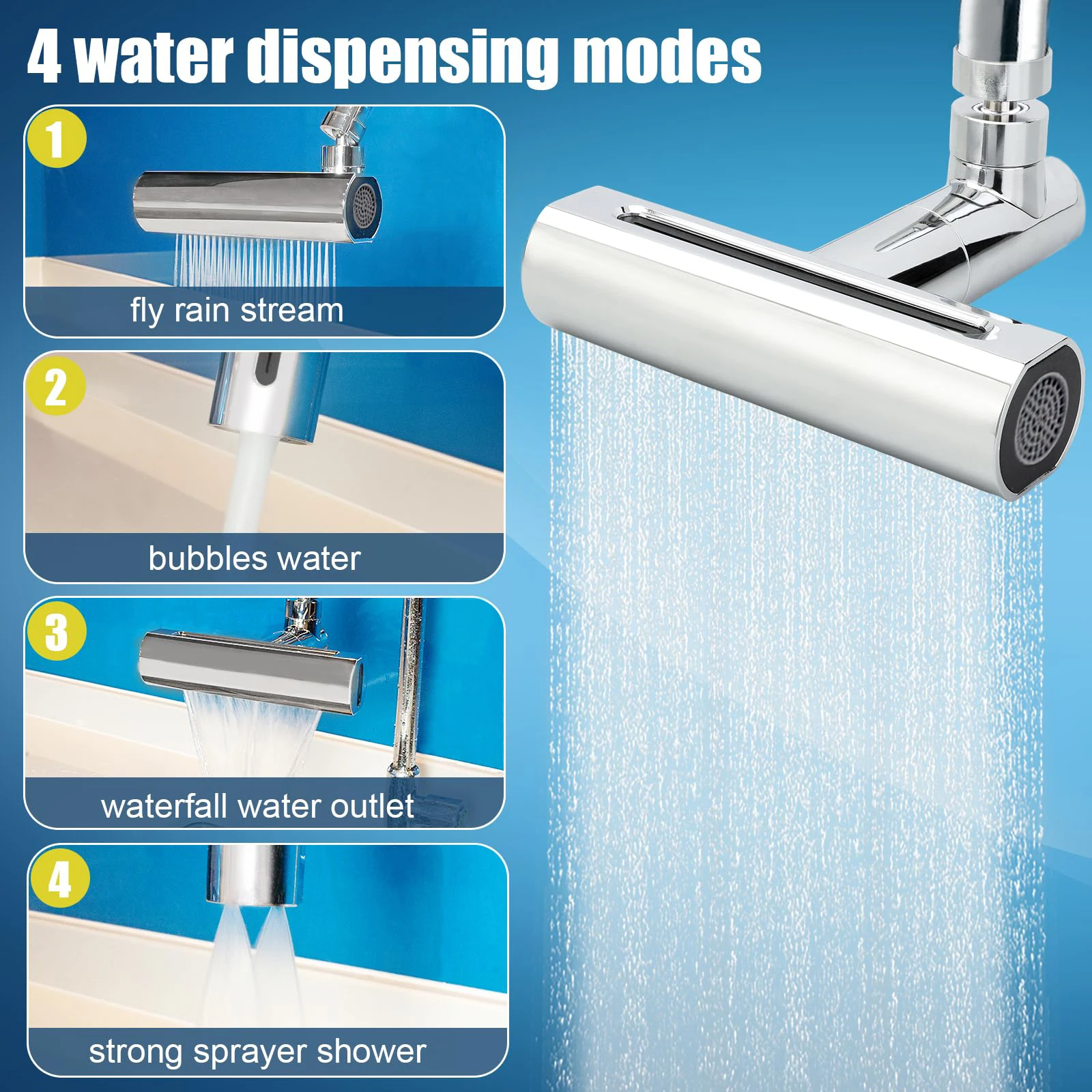 

Multifunctional Sink Faucet Connector Kitchen Waterfall 4 Modes Outlet Faucet Head Tap 360° Swivel Extension Faucet Nozzle