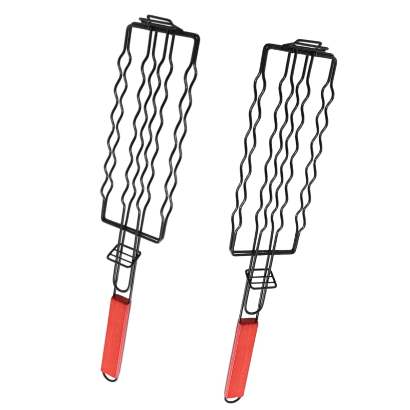 Jaula para barbacoa con mango de madera para exteriores, rejilla para acampar carne y verduras, cesta antiadherente para parrilla de jamón y salchichas