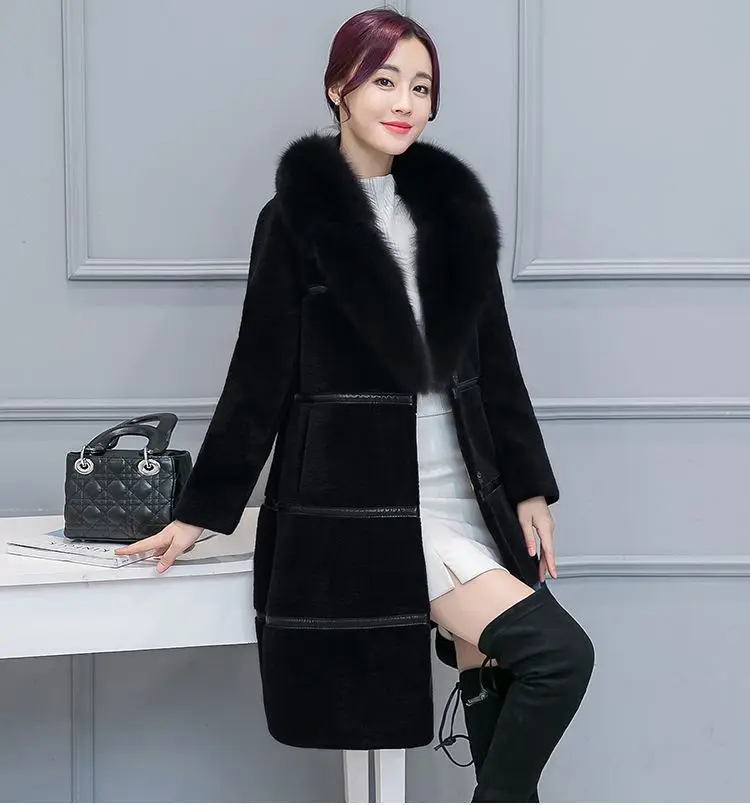 Winter Korean Version Women\'s New Faux Sheep Shearing Fur Coat Medium Length Faux Fur Collar Coat Office Lady Traf Parkas