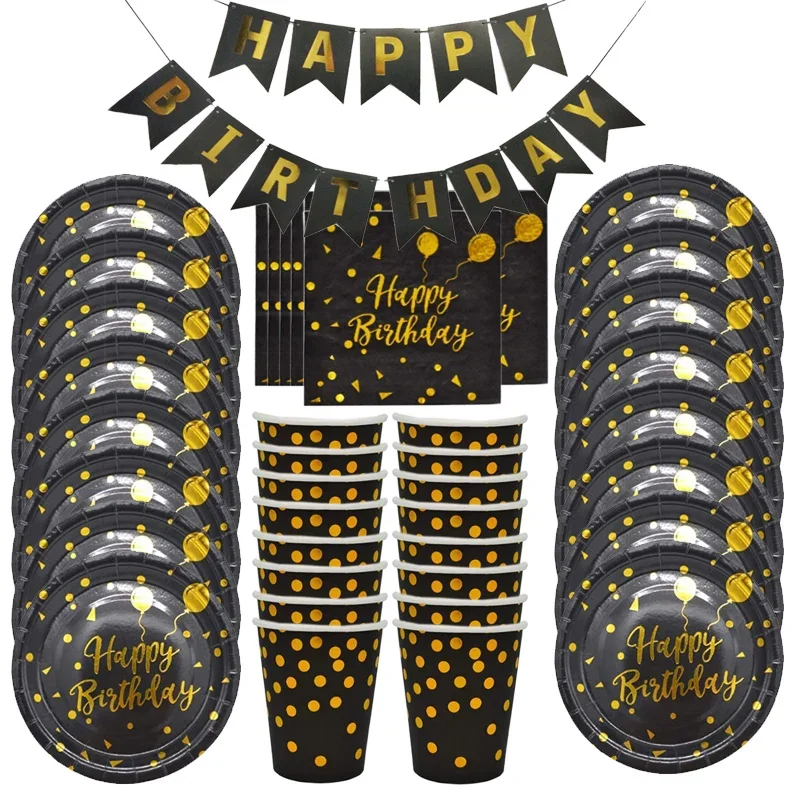 

49Pcs Gold Dot Happy Birthday Party Dinnerware Set Paper Black Paper Plates Napkins Cups For Men Women Birthday Tableware Decor