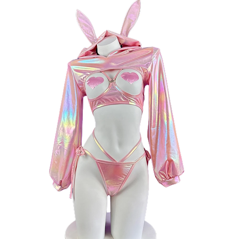 

SENMHS Sexy Lingerie Anime Bunny Girl Cosplay Pink Laser Patent Leather Bikini Rabbit Girl Shiny Halloween Underwear
