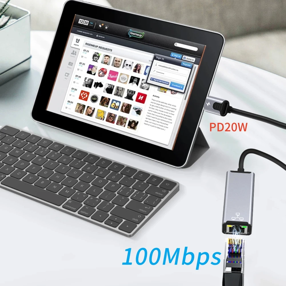Ethernet Adapter 8-pin to RJ45 with 20W PD Charging Port, External 100Mbps Network Card Plug-and-Play for IOS Phone/Ipad