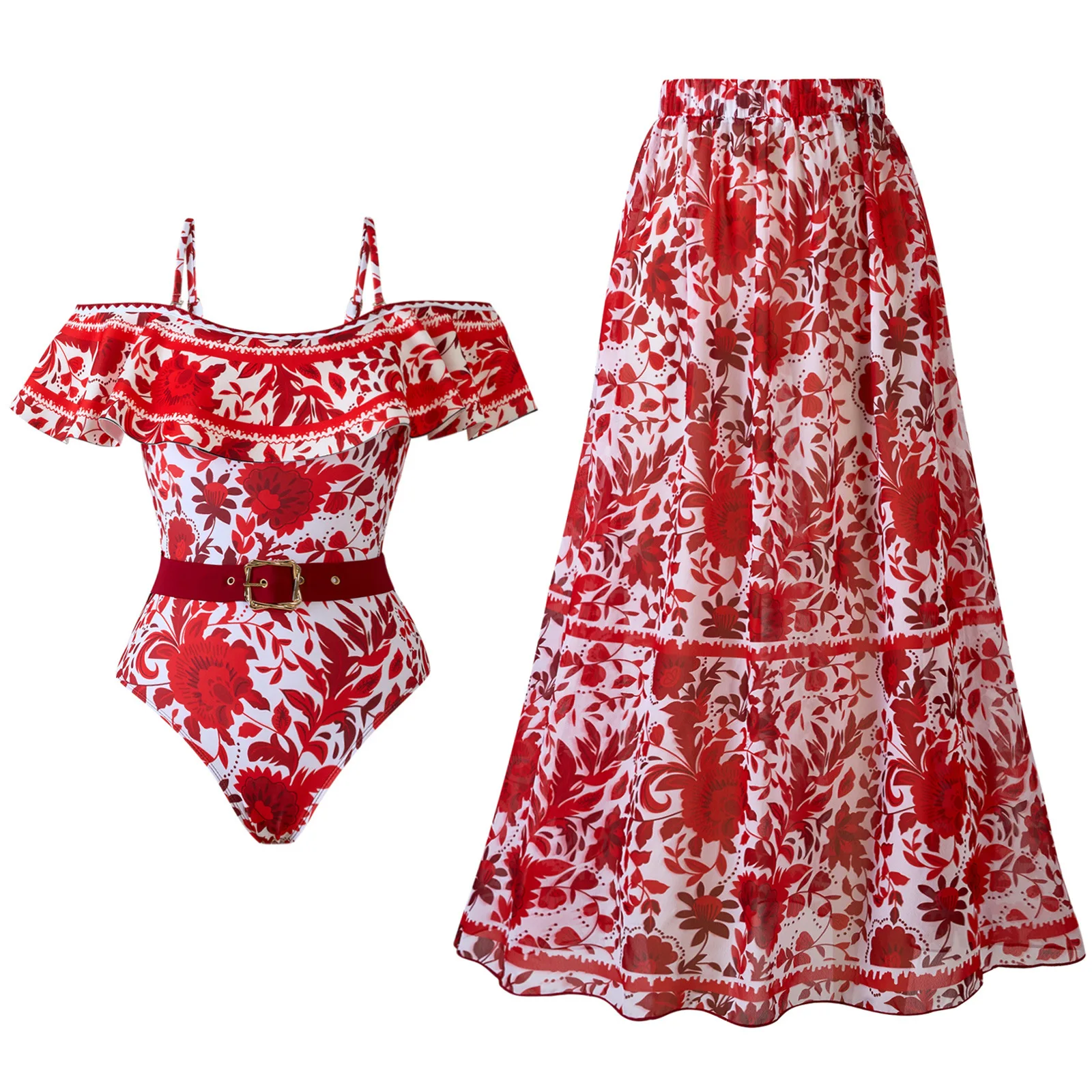 One-piece Women Swimwear Red Floral Print Swimsuit Bodysuit Bikini Set Beach Vacation  Style Wear Maxi Dress Skirt