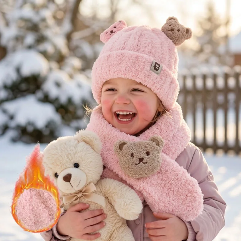1-10PCS Knitted Hat Scarf Set Kids Winter Bear Warm Beanie with Ear Covers for Baby Toddlers Boys Girls Cold Weather