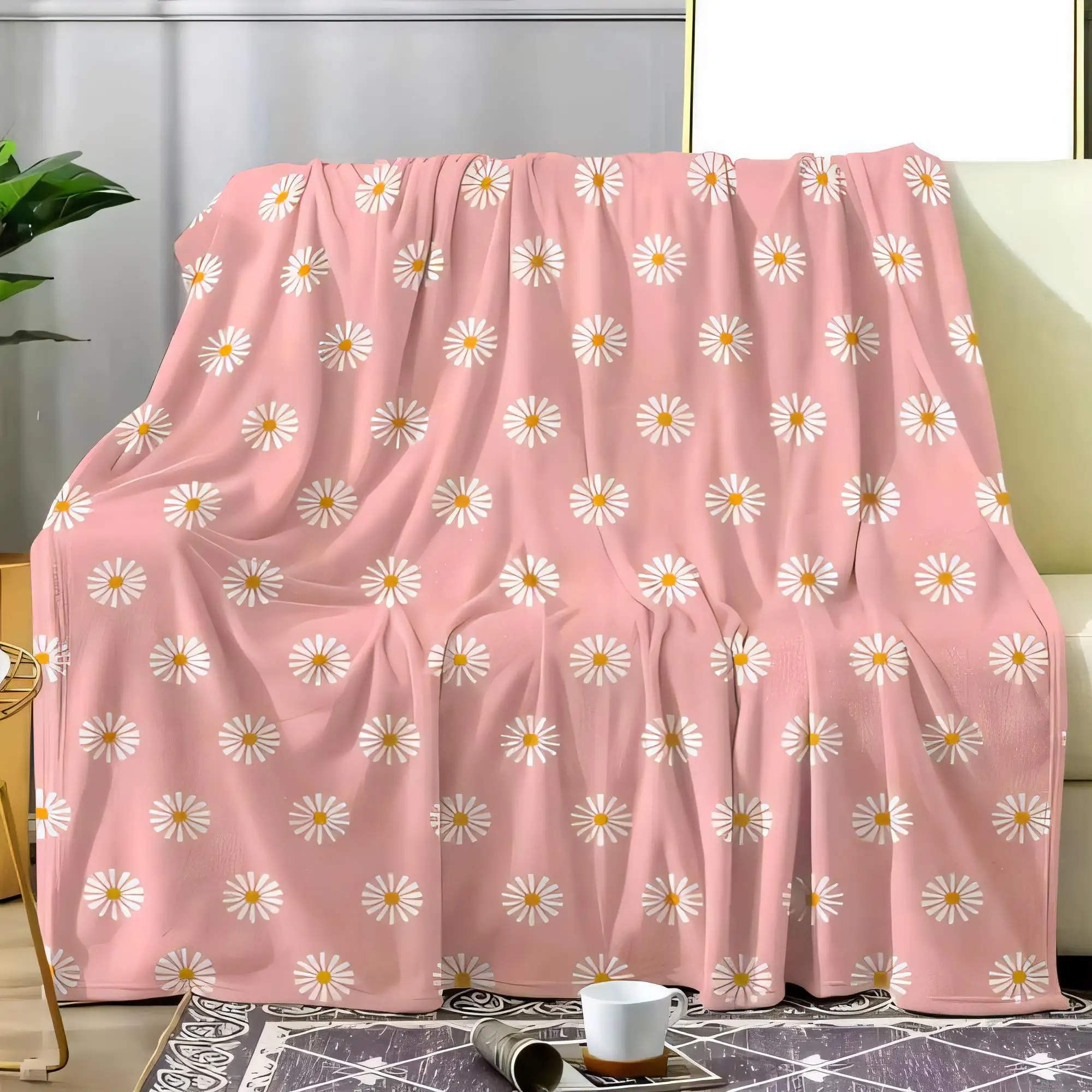 Rosa Blumendecke mit weißen Gänseblümchen und gelben Zentren, weicher, gemütlicher Überwurf für Sofa und Stuhl, perfekt für Heimdekoration, leicht