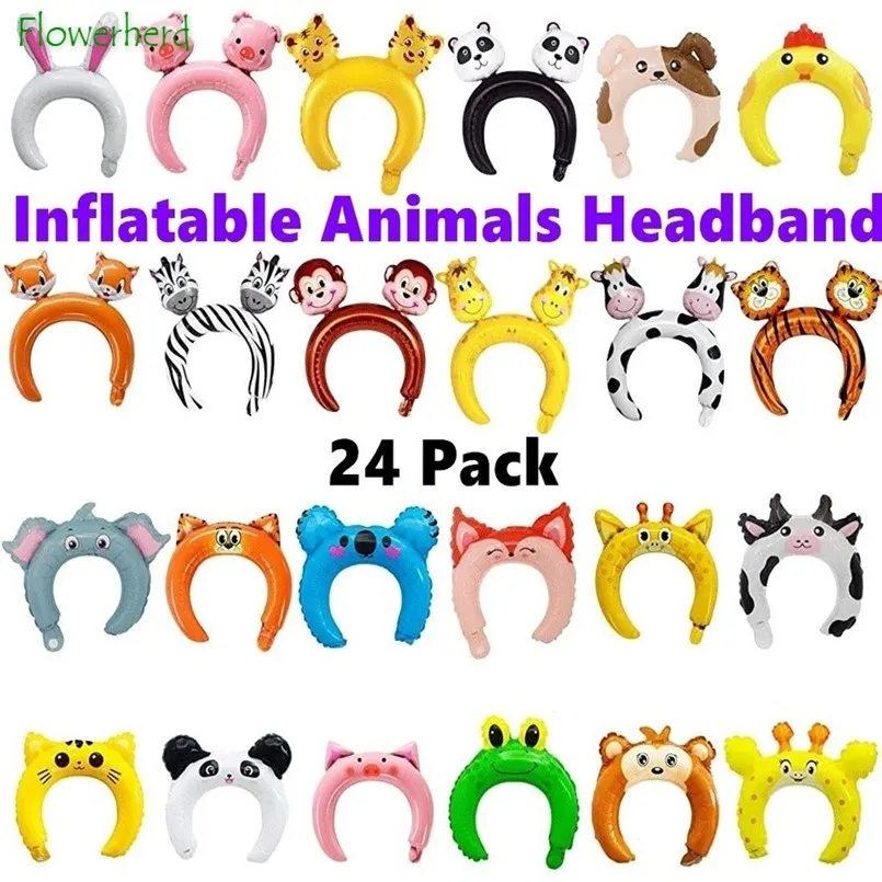 Paquete de 24 diademas de animales inflables, sombrero de globos de zoológico/Safari para fiesta de cumpleaños con tema de jungla, relleno para el Día de los niños