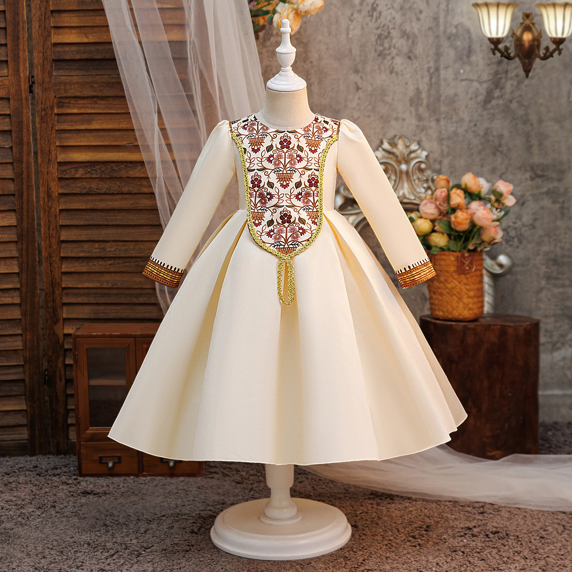 Elegant Flower Muslim Prayer Ramadan Party Girls Dress Long Sleeve Robe Arab Dubai Eid Enfant Princess Prom Dresses Wedding Gown