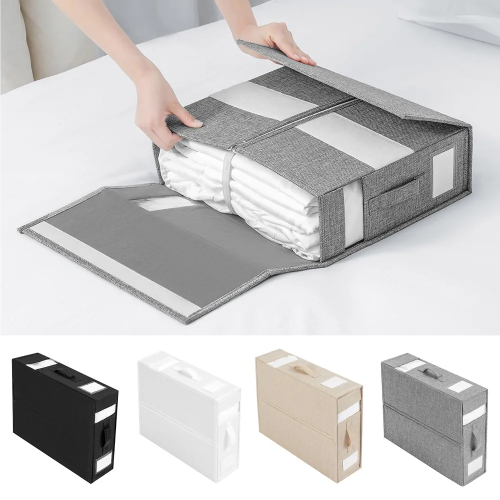 Bed Sheet Set Storage Box Fabric Visible Window Zipper Folding Blanket Finishing Box Wardrobe Bedding Storage Closet Organizer