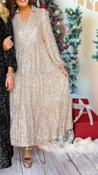 Women's Long Sleeve Loose Waist Casual Sequin Dress Temperament Commuting Christmas Women Fashion Elegant V-Neck Long Dresses