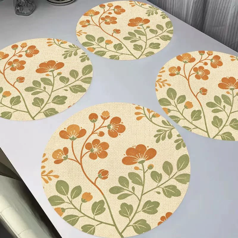 VIKAMA New Chinese Gilded Gold Treasure Flower Round Linen Placemats Heat Resistant Wear-Resistant for Kitchen Dining Table