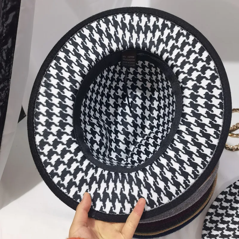 Fedoras zimowe damskie czapki Houndstooth Plaid Patchwork czapki dla kobiet moda czapki dla mężczyzn filcowany kapelusz Fedora nowy Chapeau Femme — zdjęcie 5